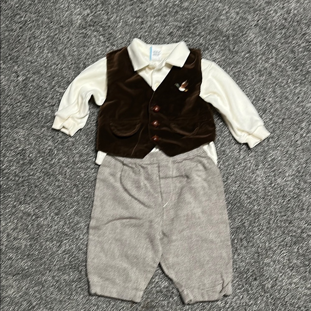 Brown Vest and Cream Shirt with Gray Pants Outfit